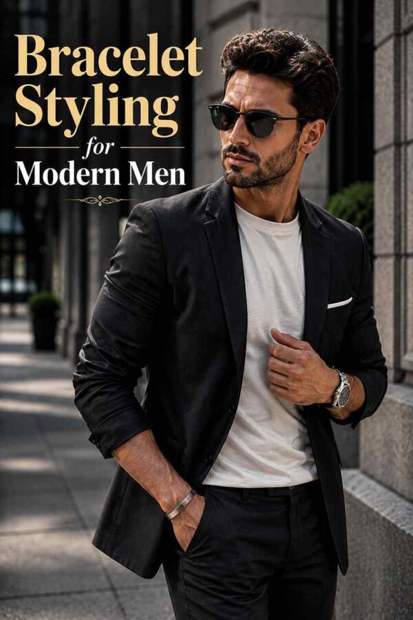 Confident modern man sitting at an outdoor café wearing a minimalist bracelet and smart casual outfit showcasing personal style and men's fashion.