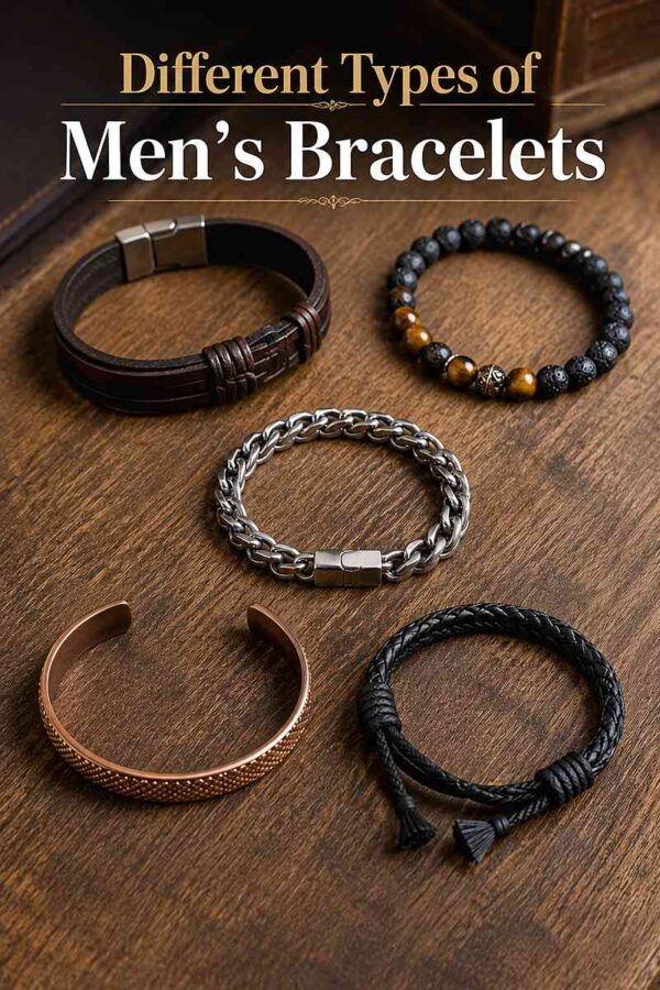 Different types of men's bracelets including leather, beaded, chain, cuff, and rope bracelets displayed on a wooden surface.