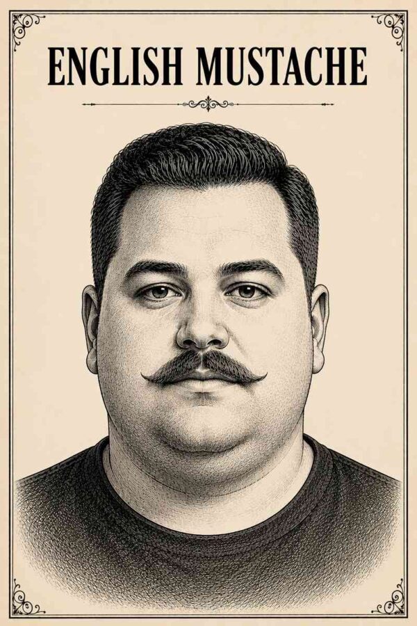 Vintage black ink illustration of a chubby-faced male model with an English Mustache, featured in a premium men's grooming infographic on a cream parchment background.