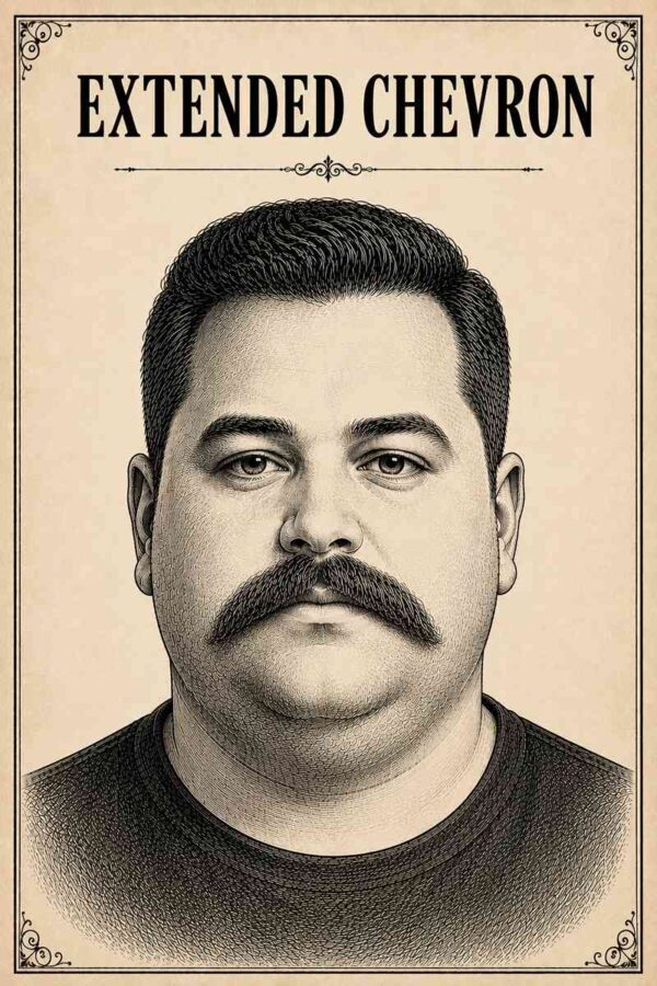 Vintage black ink illustration of a chubby-faced male model with an Extended Chevron Mustache, featured in a luxury men's grooming infographic on a cream parchment background.