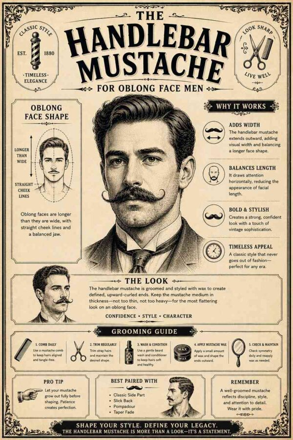 Handlebar Mustache for oblong face men featuring a medium-sized curled mustache style that adds width and improves facial balance.