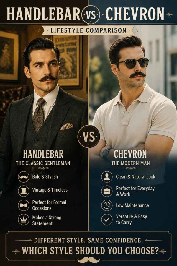 Split image comparing a stylish man in a vintage suit with a Handlebar mustache and a modern man in casual business attire with a Chevron mustache.