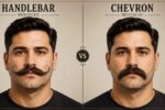 Side-by-side comparison of Handlebar and Chevron mustache styles on the same man, highlighting the key differences in shape, grooming, and appearance.