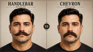 Side-by-side comparison of Handlebar and Chevron mustache styles on the same man, highlighting the key differences in shape, grooming, and appearance.