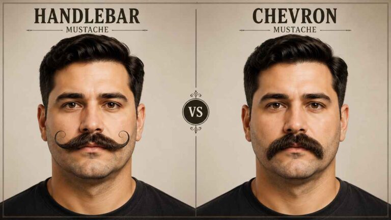 Side-by-side comparison of Handlebar and Chevron mustache styles on the same man, highlighting the key differences in shape, grooming, and appearance.