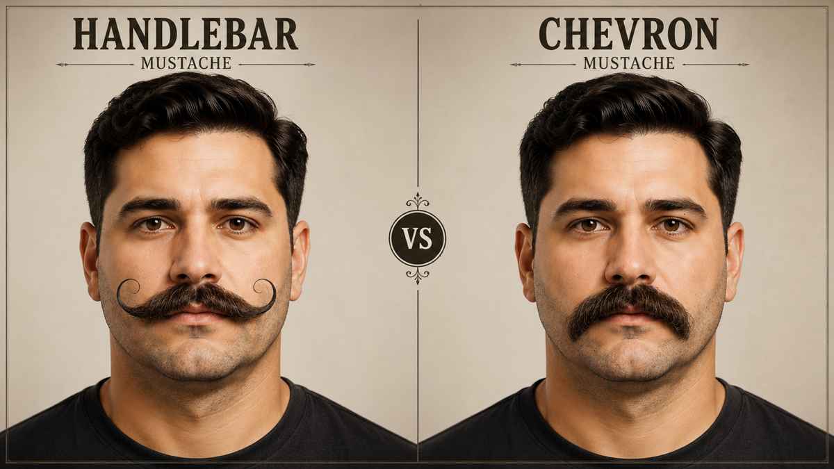 Side-by-side comparison of Handlebar and Chevron mustache styles on the same man, highlighting the key differences in shape, grooming, and appearance.