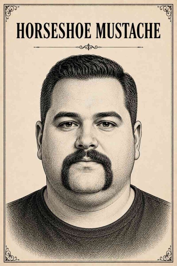 Vintage black ink illustration of a chubby-faced male model with a Horseshoe Mustache, featured in a luxury barber infographic on a cream parchment background.
