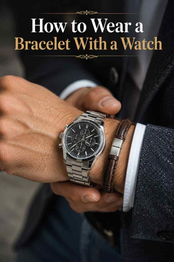 Close-up of a man's wrist wearing a stainless steel watch paired with a brown leather bracelet in a sophisticated business casual style.