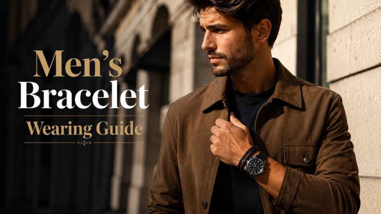 Stylish man wearing a premium leather bracelet and wristwatch in a smart casual outfit showcasing modern men's bracelet styling.