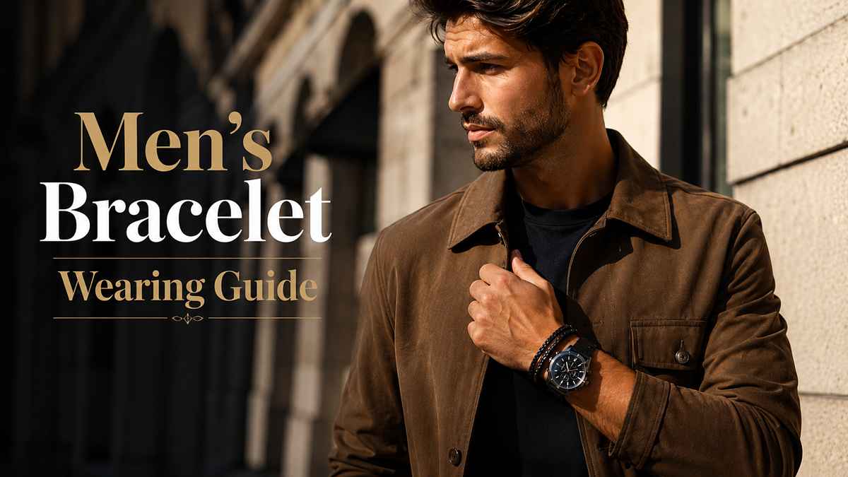 Stylish man wearing a premium leather bracelet and wristwatch in a smart casual outfit showcasing modern men's bracelet styling.