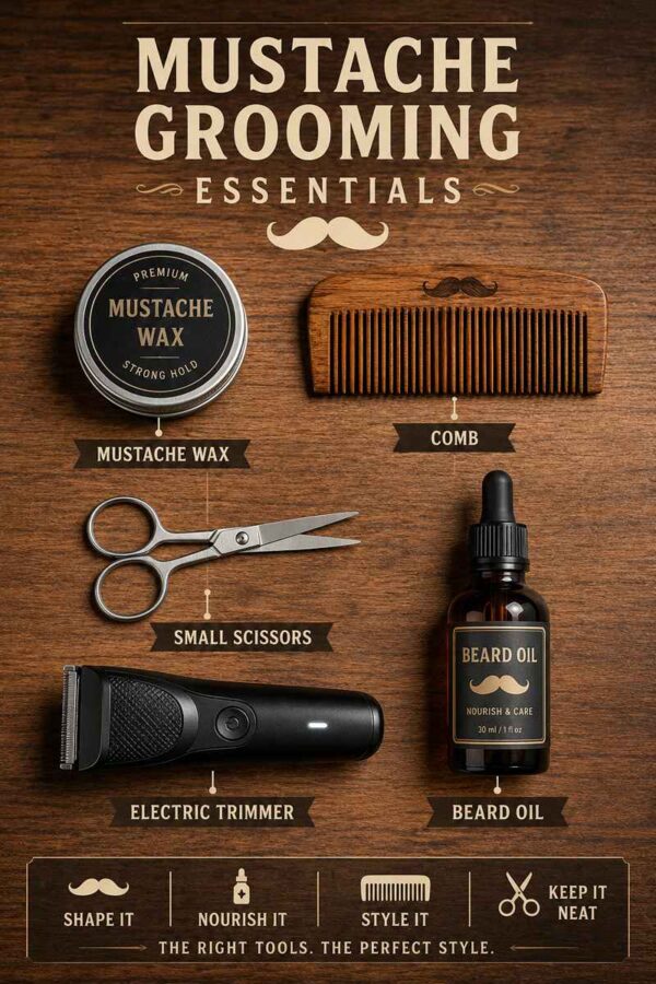 Flat lay of mustache grooming essentials including wax, comb, scissors, beard oil, and an electric trimmer on a wooden table.