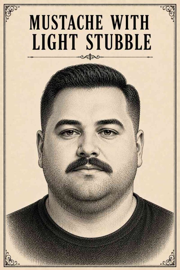 Vintage black ink illustration of a chubby-faced male model with a classic mustache and light stubble beard, featured in a premium men's grooming infographic on a cream parchment background.