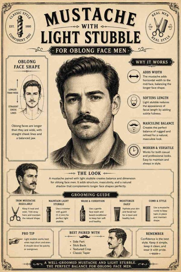 Mustache with light stubble for oblong face men featuring a natural mustache and short beard stubble that creates balanced facial proportions.