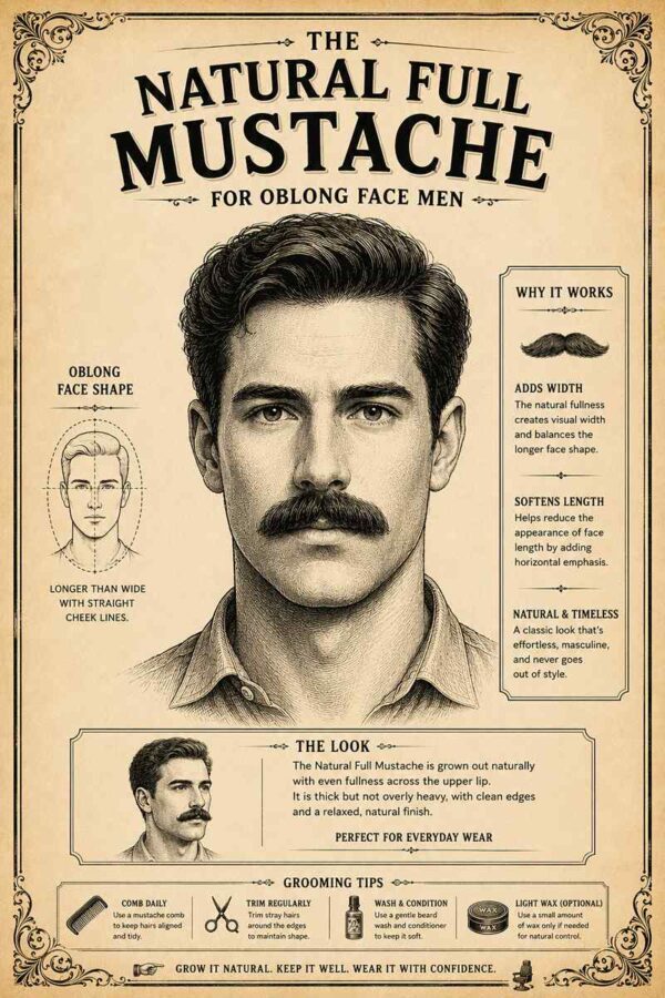 Natural Full Mustache for oblong face men featuring a balanced full mustache style that adds width and improves facial proportions.