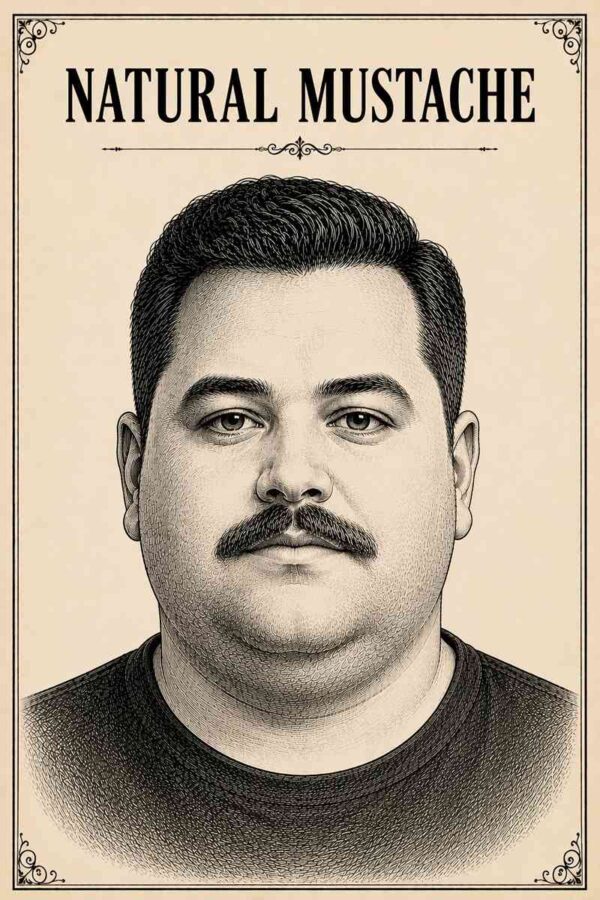 Vintage black ink illustration of a chubby-faced male model with a Natural Mustache, featured in a premium men's grooming guide on a cream parchment background.