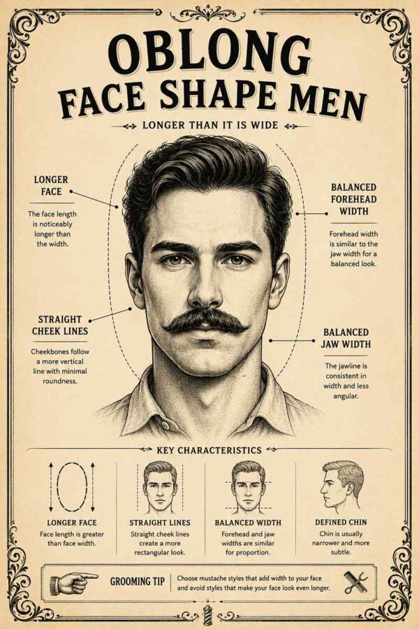Oblong face shape men infographic showing facial characteristics including longer face length, straight cheek lines, balanced forehead width, and balanced jaw width.