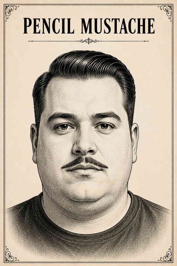 Vintage black ink illustration of a chubby-faced male model with a Pencil Mustache, featured in a luxury barbershop grooming guide on a cream parchment background.