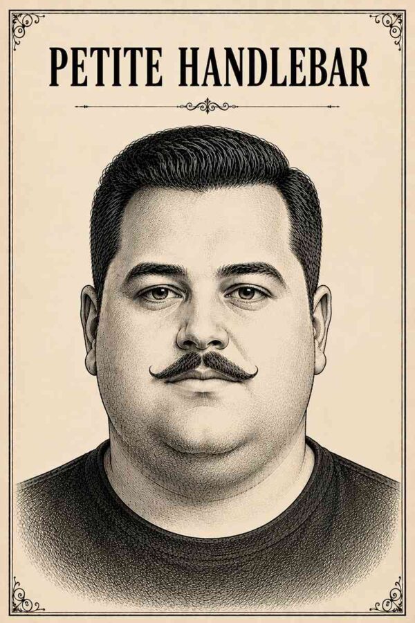 Vintage black ink illustration of a chubby-faced male model with a Petite Handlebar Mustache, featured in a premium men's grooming infographic on a cream parchment background.