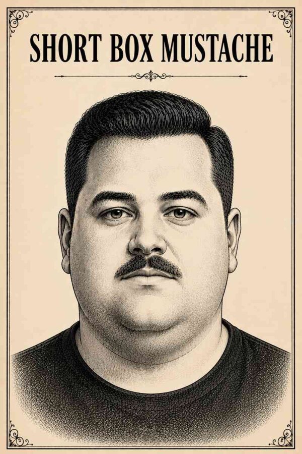 Vintage black ink illustration of a chubby-faced male model with a Short Box Mustache, featured in a luxury men's grooming infographic on a cream parchment background.