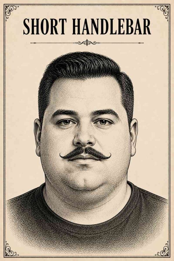 Vintage black ink illustration of a chubby-faced male model with a Short Handlebar Mustache, featured in a premium men's grooming guide on a cream parchment background.