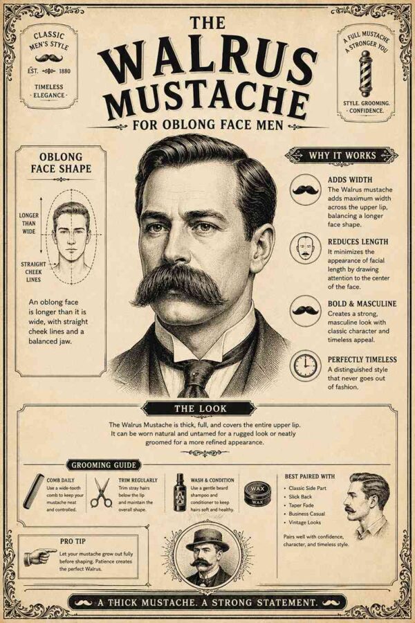 Walrus Mustache for oblong face men featuring a thick full mustache style that adds width and creates balanced facial proportions.