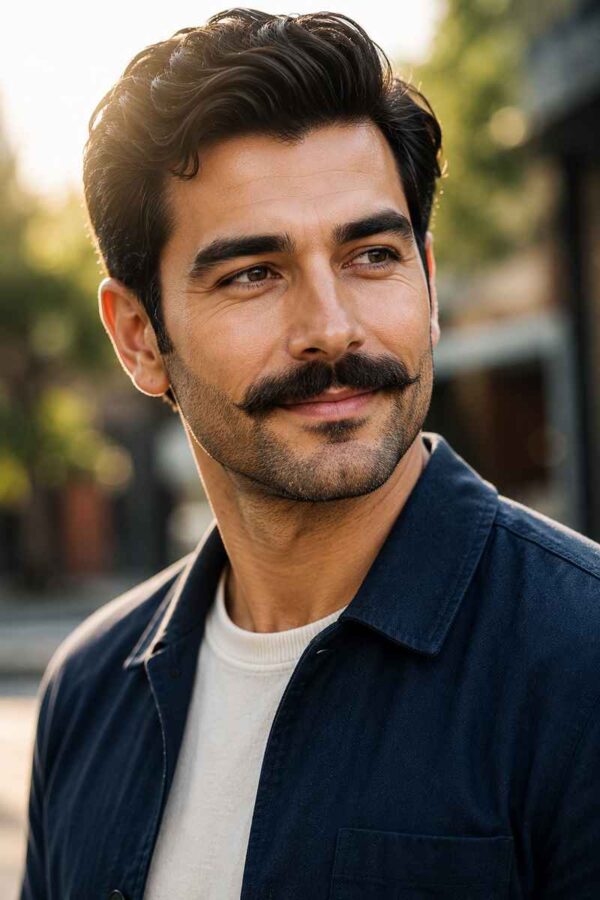 Handsome man with a well-groomed modern mustache smiling outdoors in soft natural light.