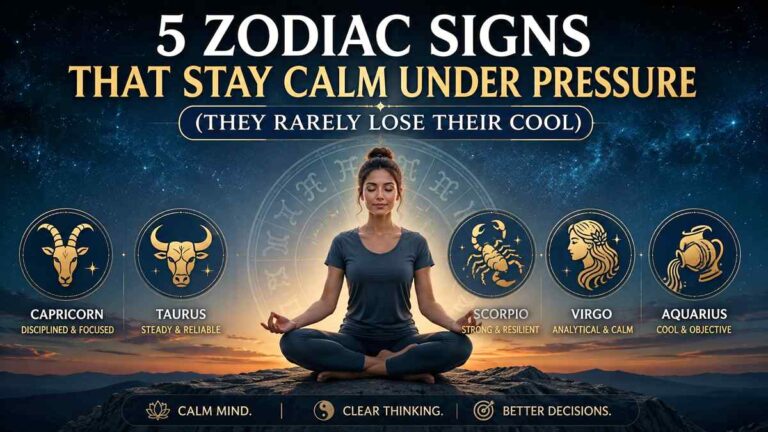 5 zodiac signs that stay calm under pressure featuring Capricorn, Taurus, Scorpio, Virgo, and Aquarius with a peaceful astrology-themed background