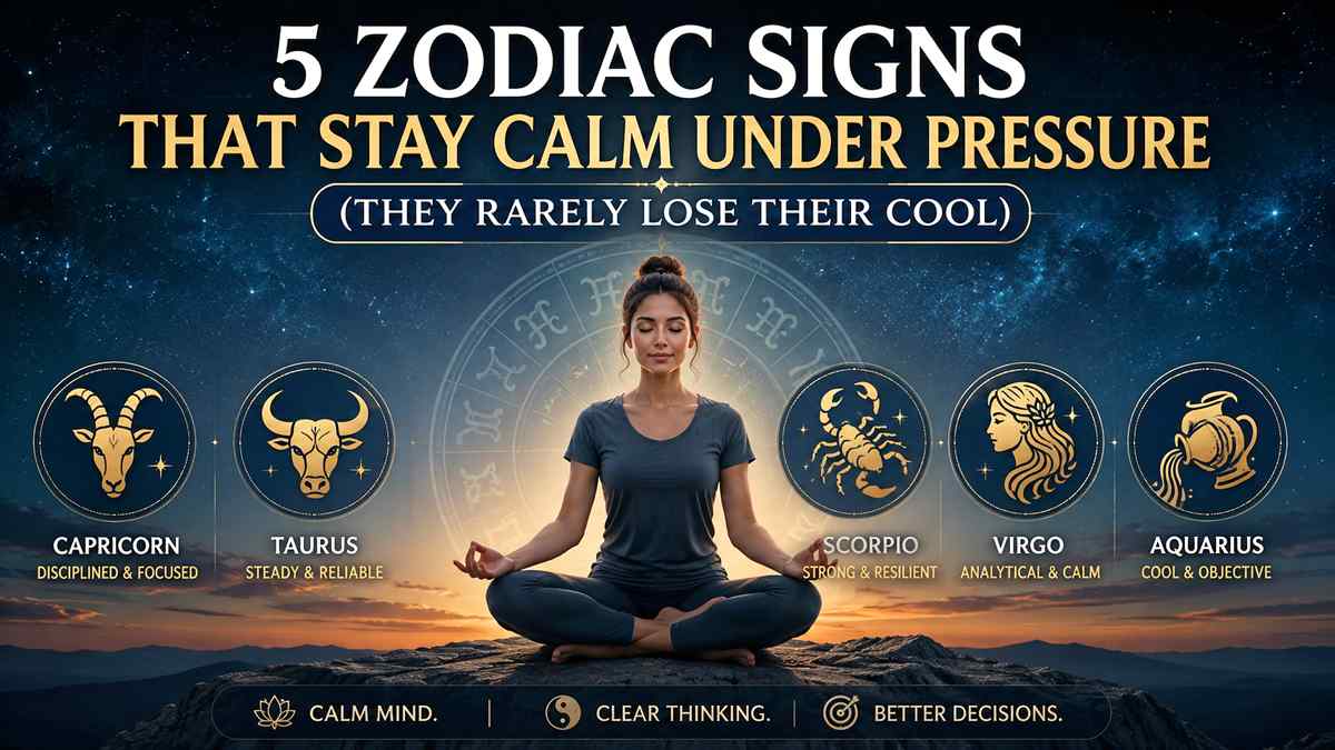 5 zodiac signs that stay calm under pressure featuring Capricorn, Taurus, Scorpio, Virgo, and Aquarius with a peaceful astrology-themed background