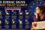 Infographic showing the 10 zodiac signs that trust slowly in relationships, ranked from Scorpio to Libra, with astrology symbols and a cosmic background.