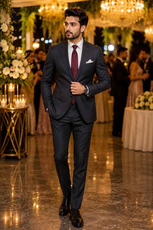 Sophisticated man wearing a tailored charcoal suit with a burgundy silk tie, white pocket square, and black Oxford shoes at an elegant evening wedding reception.