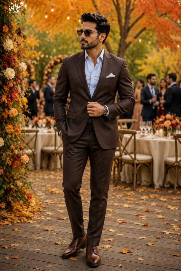 Elegant man wearing a chocolate brown tailored suit with a light blue shirt and dark brown leather shoes at a luxury fall wedding surrounded by colorful autumn trees.