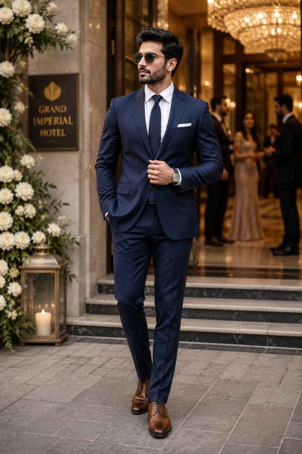 Fashionable man wearing a tailored navy cocktail suit with a white dress shirt, silk tie, white pocket square, and brown Oxford shoes outside a luxury hotel wedding venue.