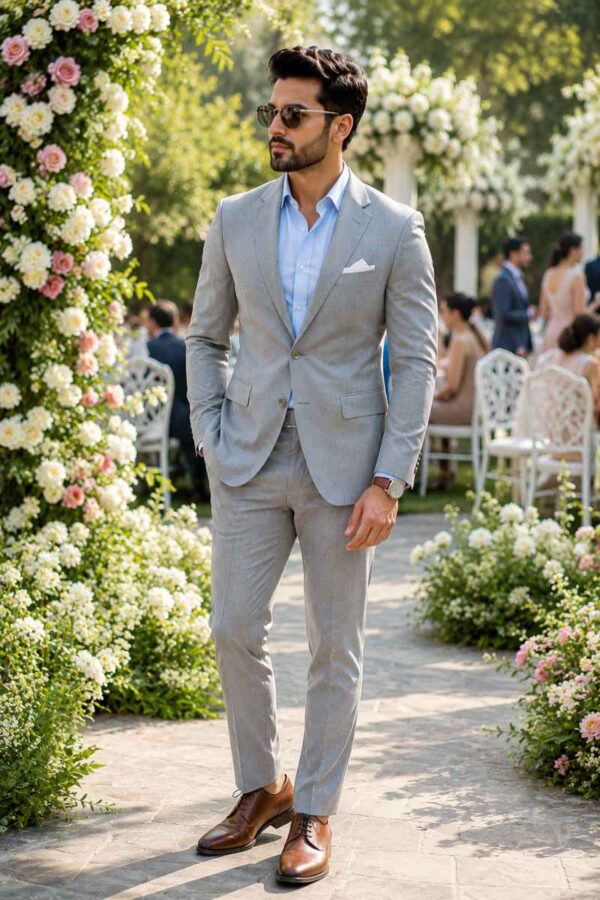 Stylish man wearing a light gray tailored suit with a pale blue dress shirt and brown Derby shoes at a beautiful spring garden wedding surrounded by blooming flowers.