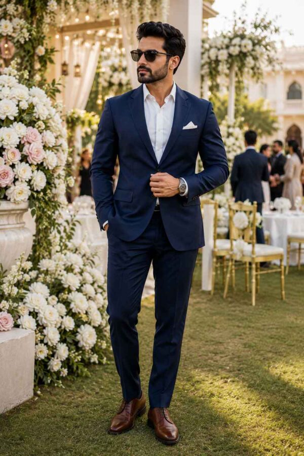 Confident man wearing a tailored navy suit, white dress shirt, brown Oxford shoes, white pocket square, and silver watch at a luxury outdoor wedding venue with elegant floral decorations.