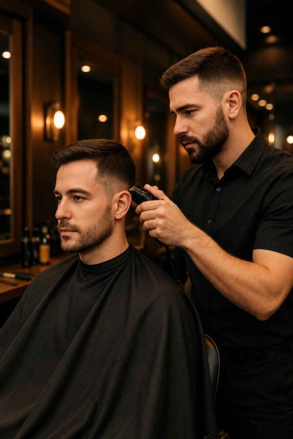 Professional barber giving a stylish haircut to help a man maintain a younger-looking appearance.