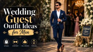 Stylish man wearing a tailored navy suit with brown Oxford shoes at a luxury cocktail wedding venue, showing wedding guest outfit ideas for men.