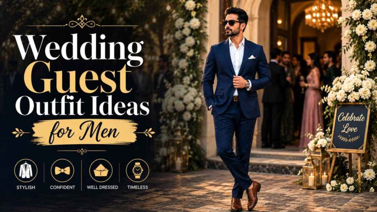 Stylish man wearing a tailored navy suit with brown Oxford shoes at a luxury cocktail wedding venue, showing wedding guest outfit ideas for men.