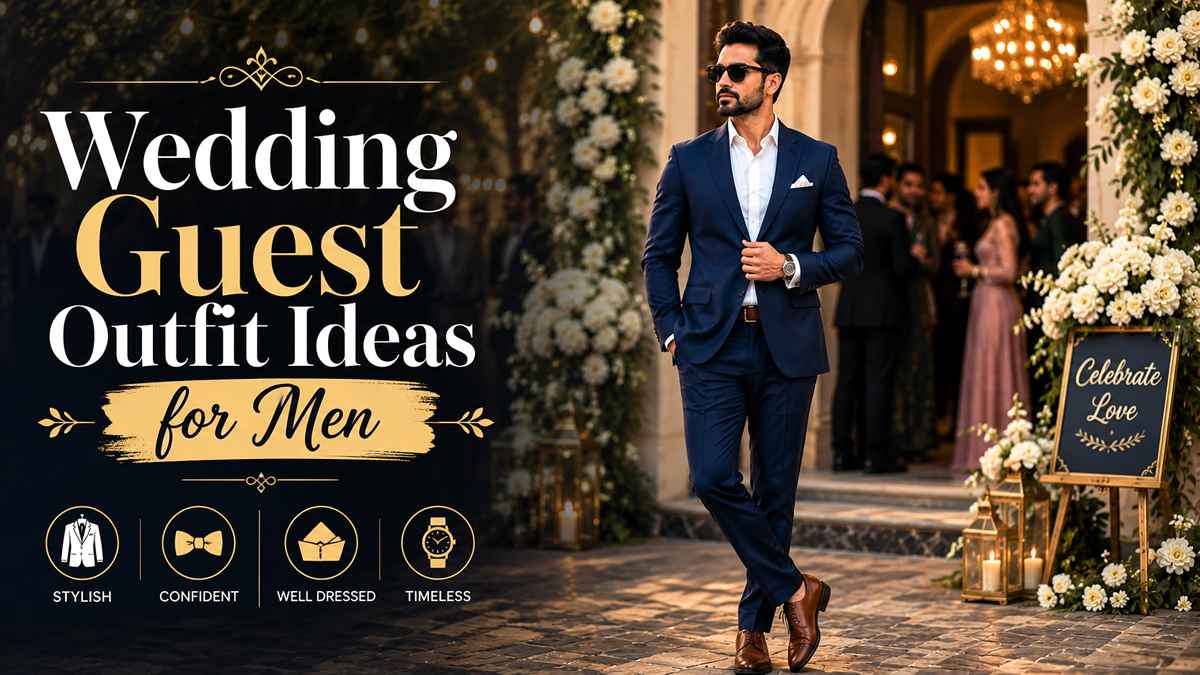 Stylish man wearing a tailored navy suit with brown Oxford shoes at a luxury cocktail wedding venue, showing wedding guest outfit ideas for men.