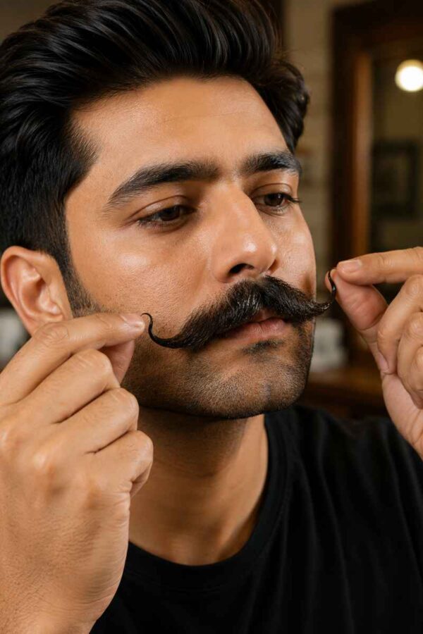 Man applying natural mustache wax and twisting both ends of a handlebar mustache into symmetrical curls.