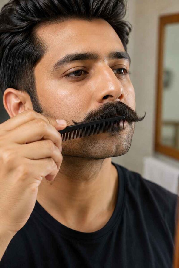 Man combing a growing handlebar mustache with a fine-tooth grooming comb before trimming.