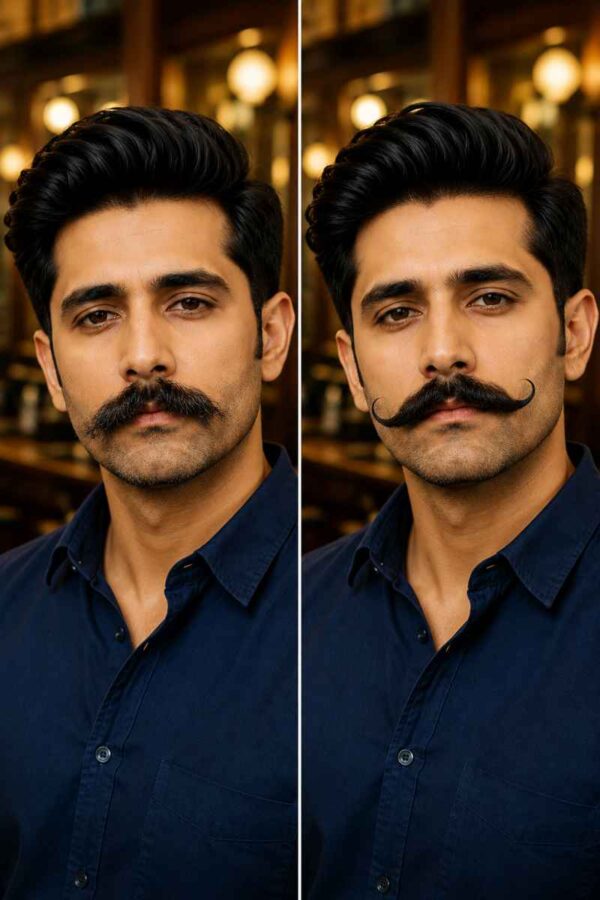 Side-by-side comparison of a handlebar mustache before grooming with overgrown hairs and after grooming with clean curled ends.