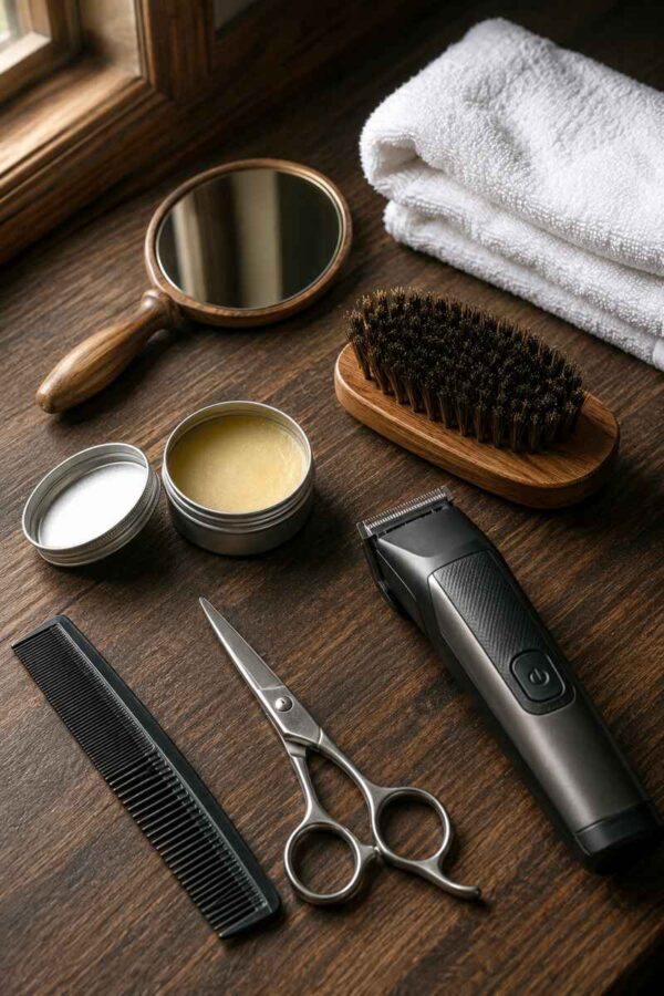 Premium handlebar mustache grooming tools including scissors, comb, mustache wax, beard trimmer, brush, mirror, and towel on a wooden table.