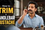 Man trimming a handlebar mustache in front of a barber shop mirror using proper grooming techniques.