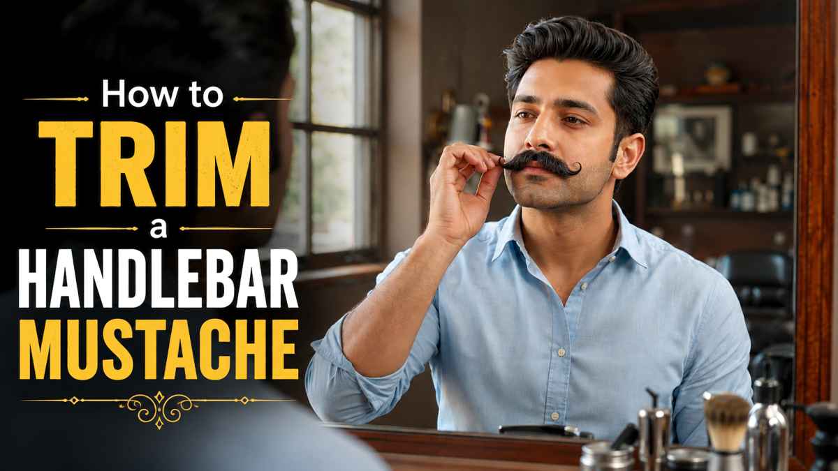 Man trimming a handlebar mustache in front of a barber shop mirror using proper grooming techniques.