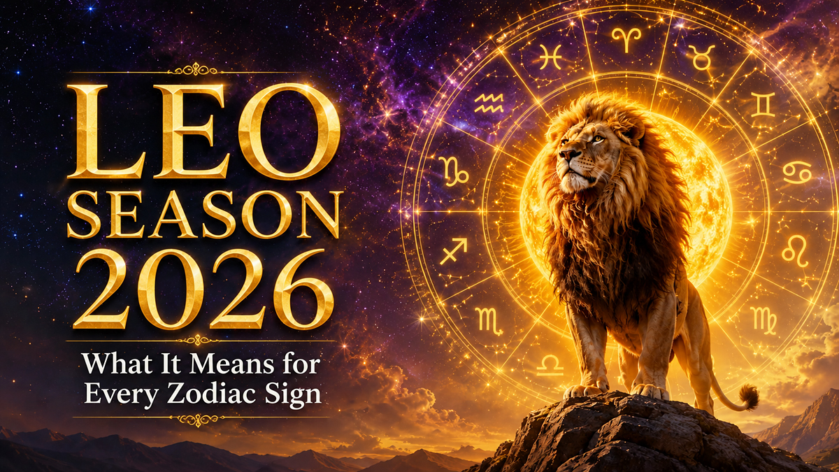 Majestic golden lion with a glowing zodiac wheel and radiant Sun representing Leo Season 2026 and its meaning for every zodiac sign in Western astrology.