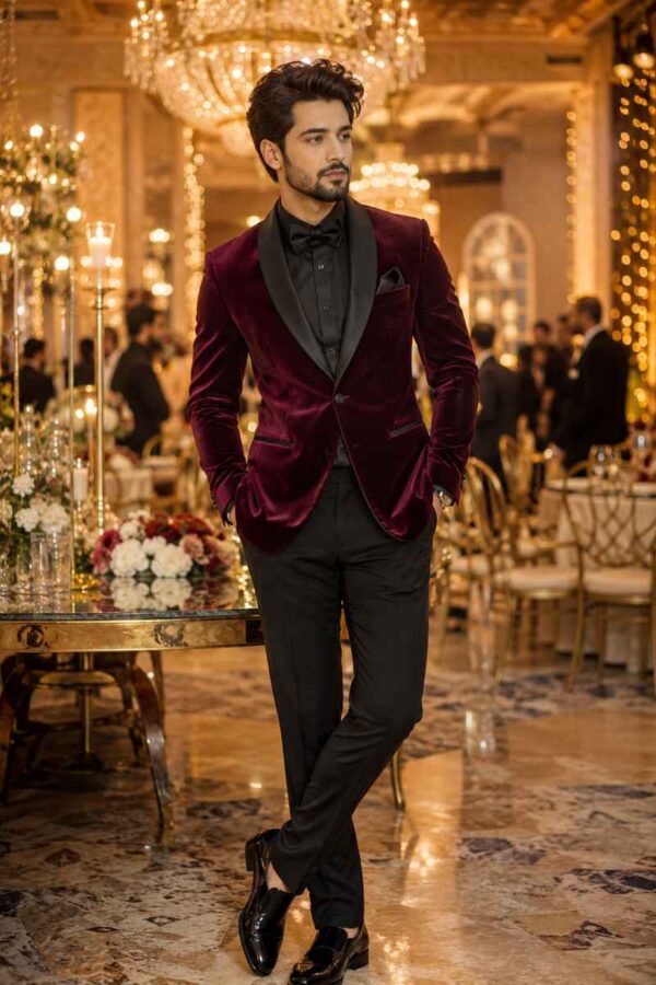 Stylish man wearing a burgundy velvet blazer with black tailored trousers at a luxury winter wedding inside an elegant ballroom with golden chandeliers.