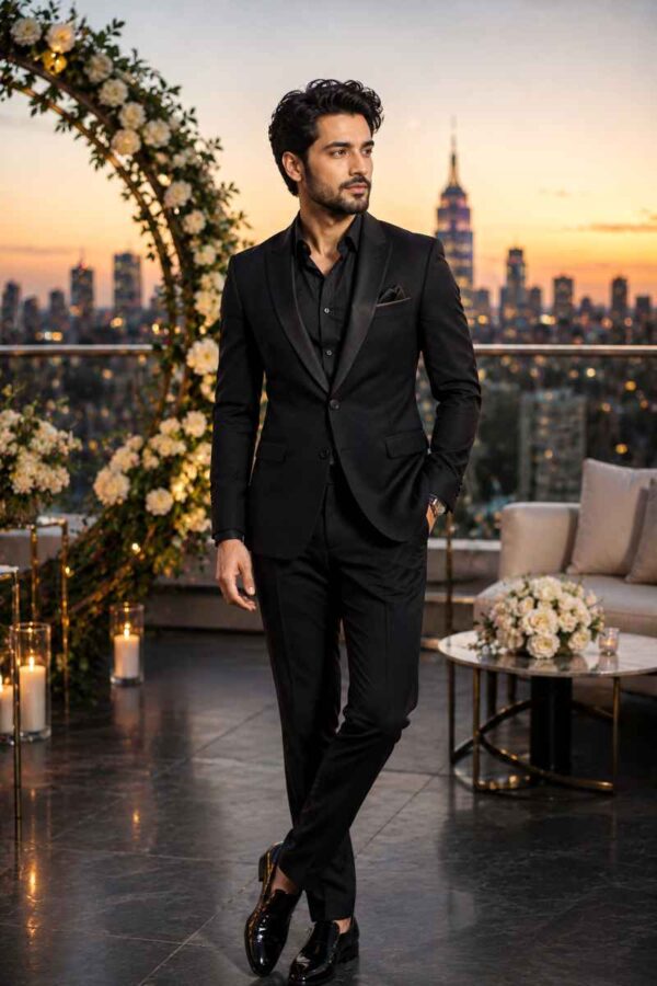 Stylish man wearing a modern monochrome black wedding guest outfit at an elegant rooftop wedding venue overlooking a city skyline during sunset.