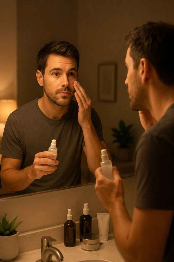 Man applying a night serum during his skincare routine to maintain healthy and younger-looking skin.