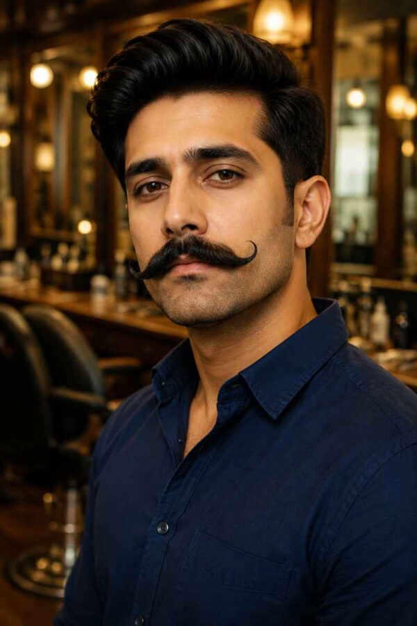 Confident man with a perfectly trimmed and styled handlebar mustache featuring balanced curled ends in a vintage barber shop.