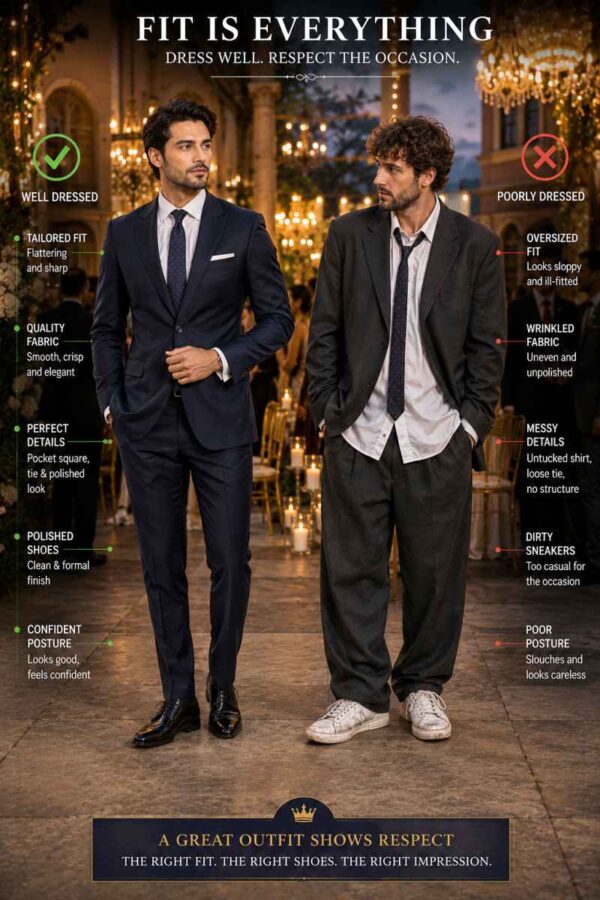 Comparison of two men at a luxury wedding venue, showing a perfectly tailored navy suit versus an oversized wrinkled suit with dirty sneakers.